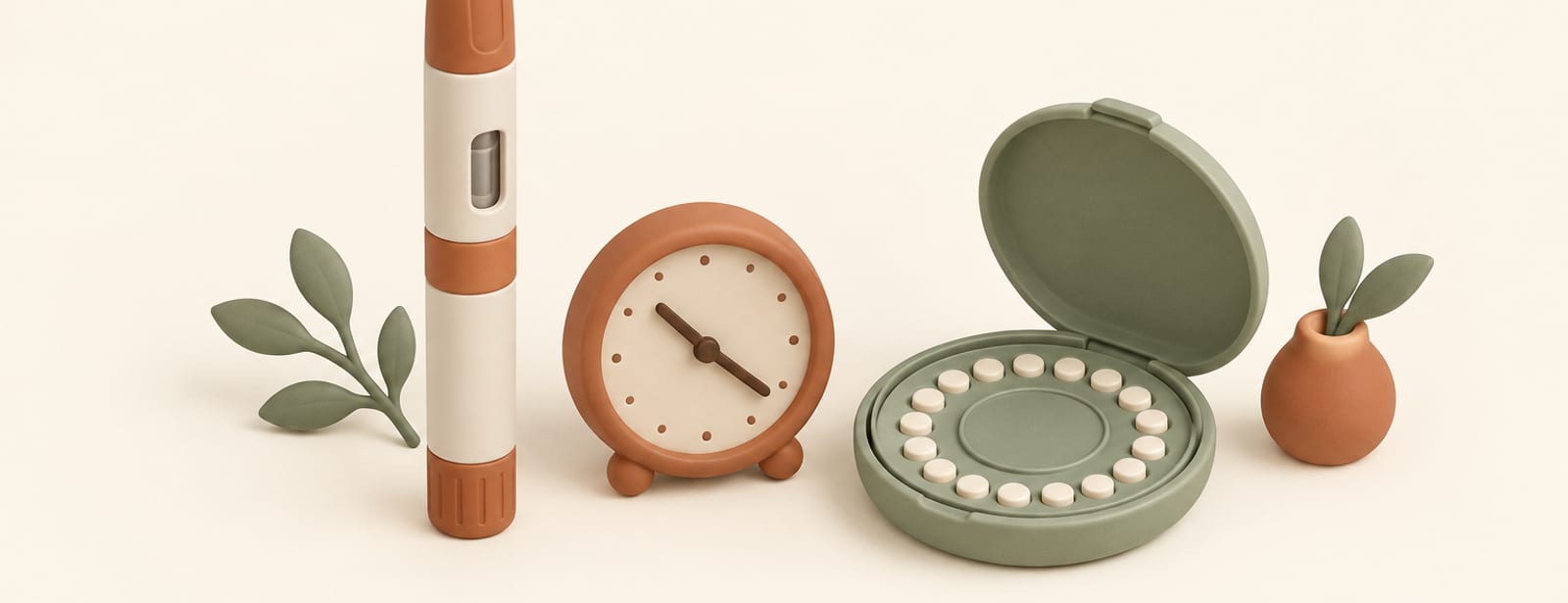 Clay-style illustration of an injection pen, a round contraceptive pill case, and a small clock on a cream surface.