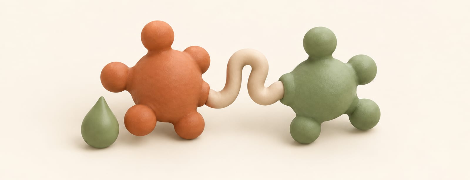 Two clay hormone-molecule shapes, terracotta and sage, linked by a coiled tube with a small fat-droplet shape nearby.