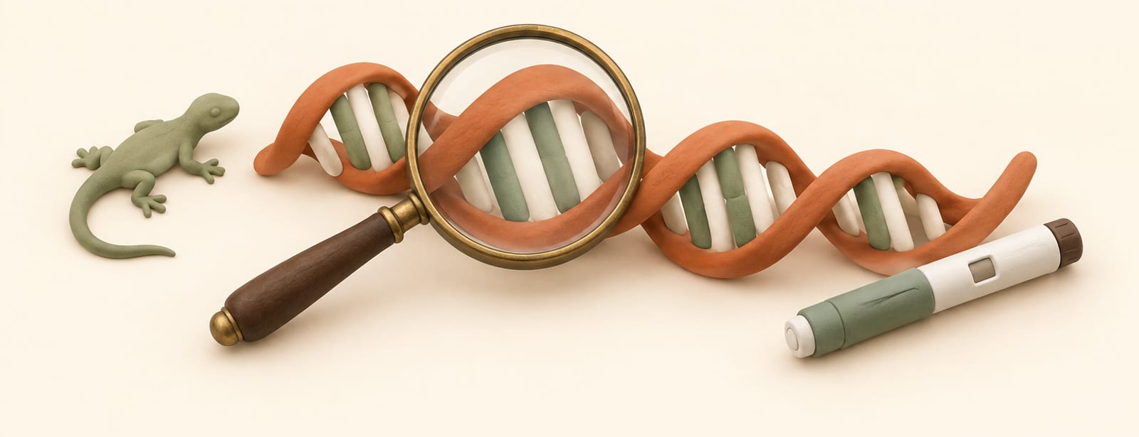 Clay still life of a magnifying glass over a DNA ribbon, a small lizard figure, and an injection pen