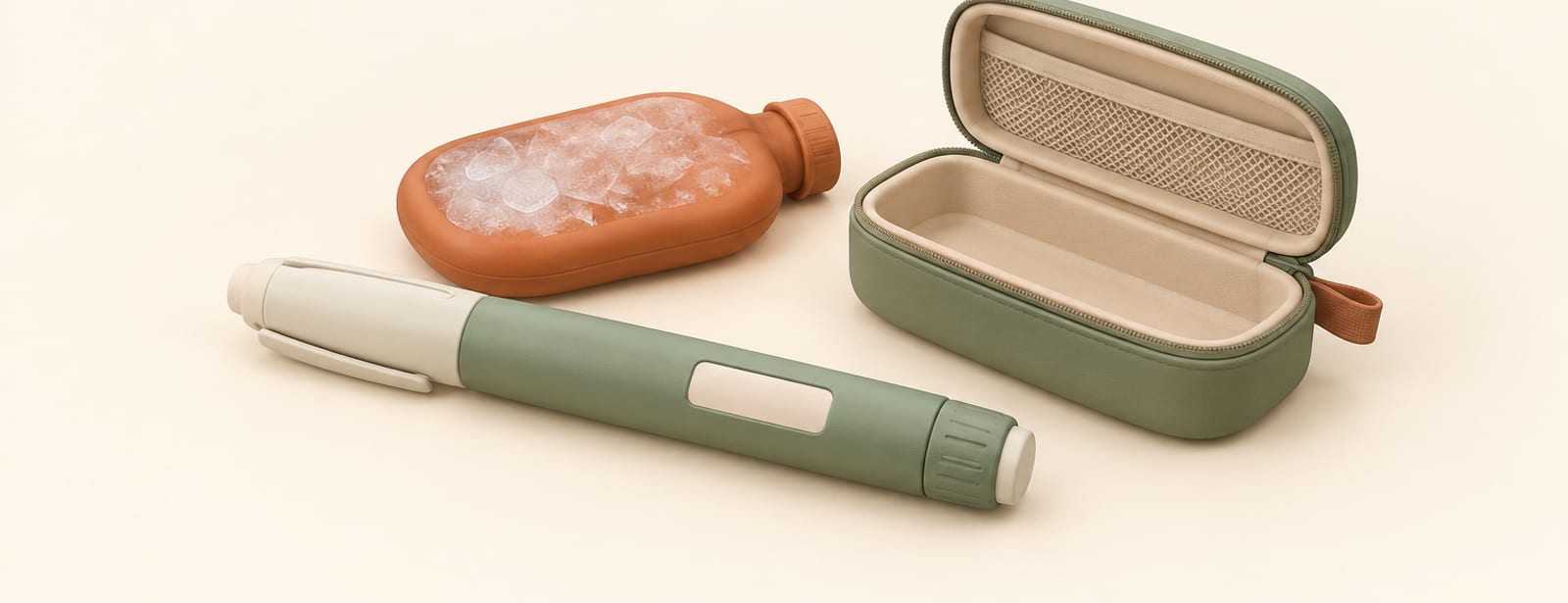 Clay-style still life of an injection pen, a gel cooling pack, and an open travel case on a security tray.