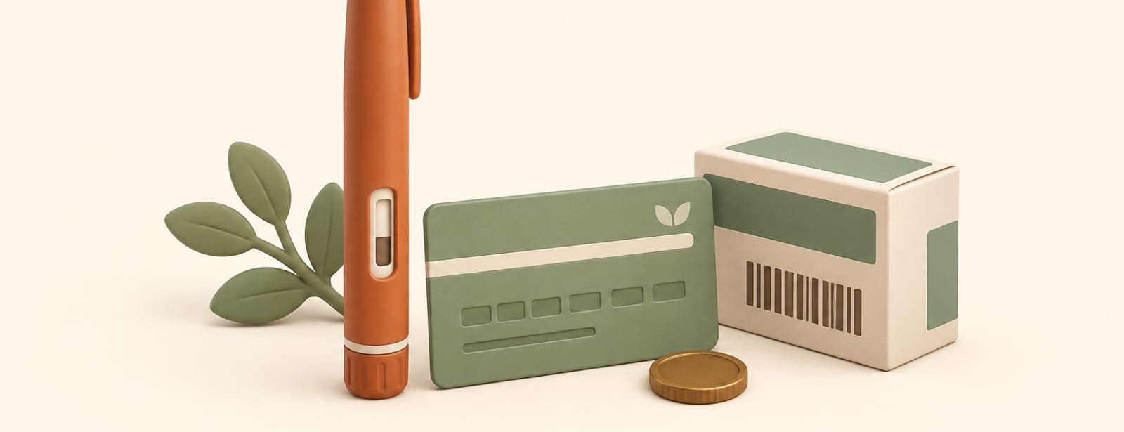 Clay-style still life of an injection pen, a savings card, and a small carton with a barcode strip, beside a coin.