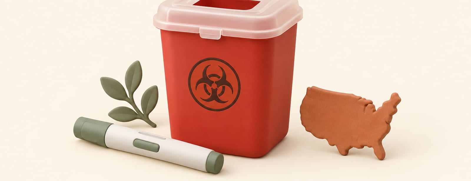 Isometric clay scene of a red sharps container with an injection pen and a small map-shaped clay tile beside it.