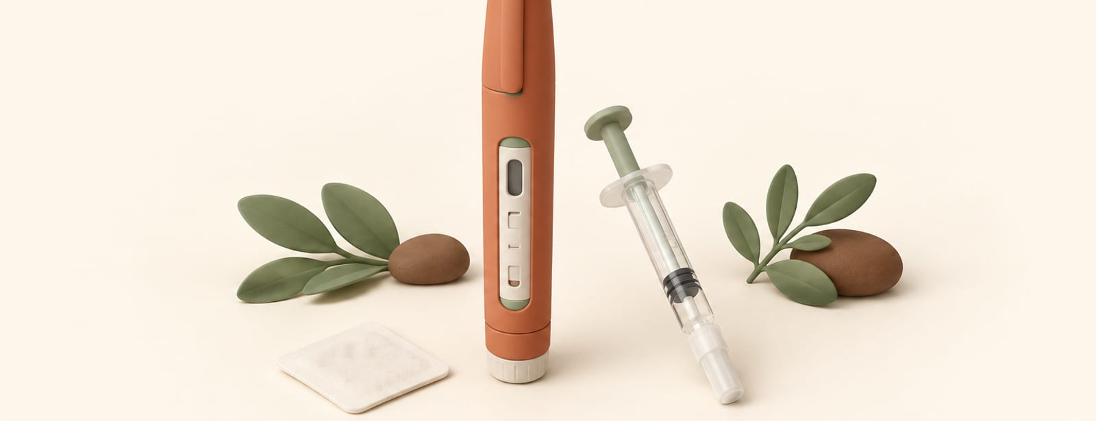 Isometric clay still life of an injection pen with dose window beside a prefilled syringe and an alcohol swab.
