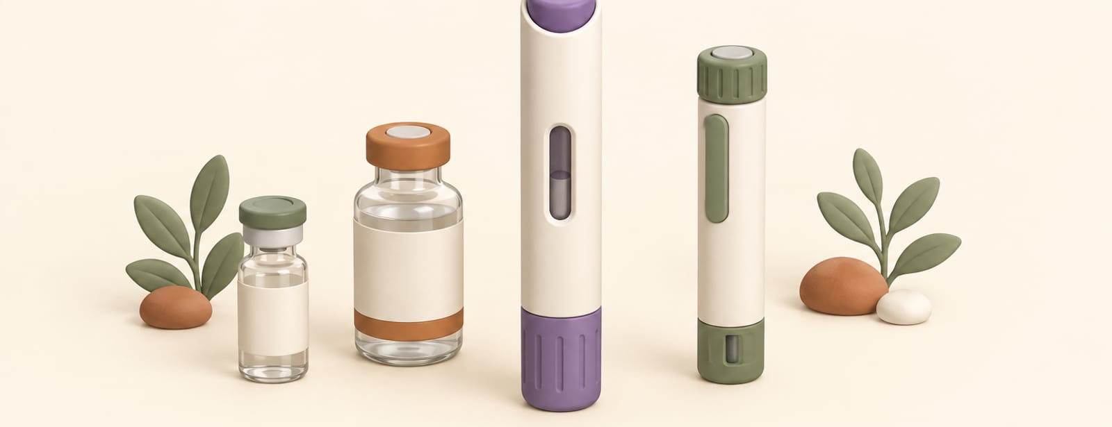 Four different clay injection devices, including pens and vials, arranged together on a cream surface.