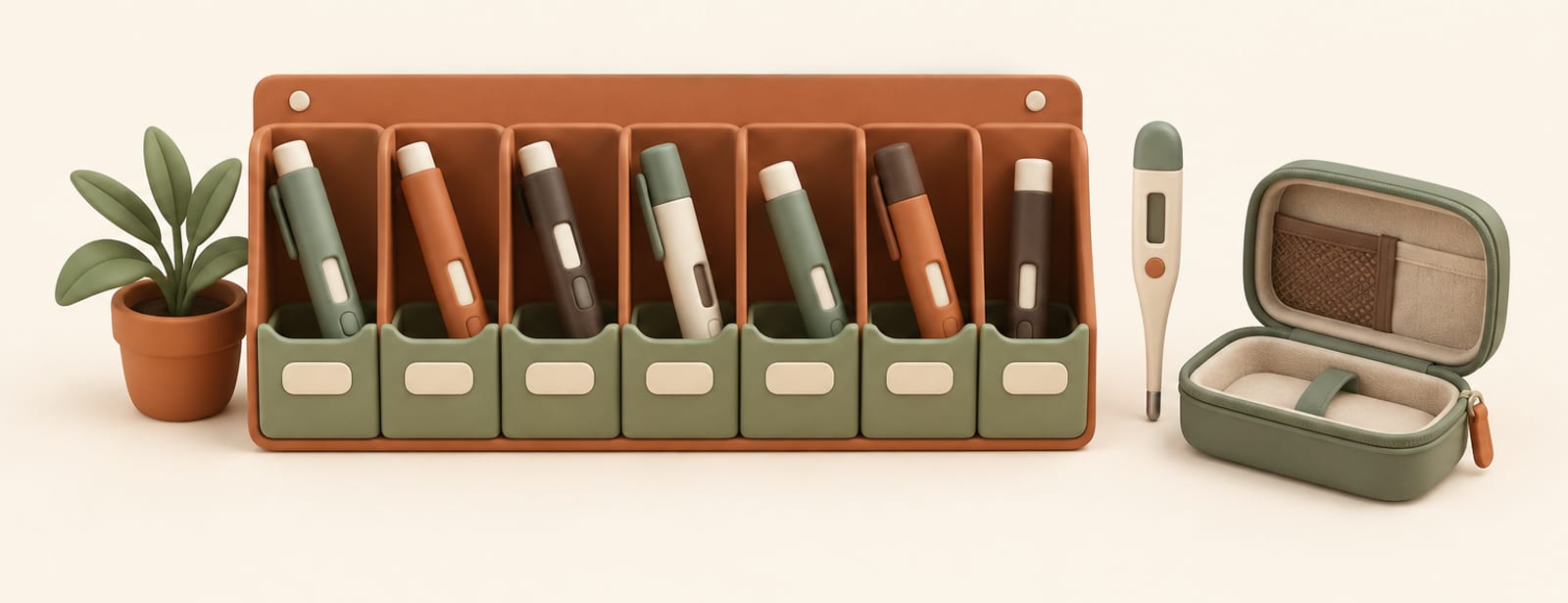 Clay still life of a seven-slot organizer holding injection pens, a thermometer, and an open travel case.