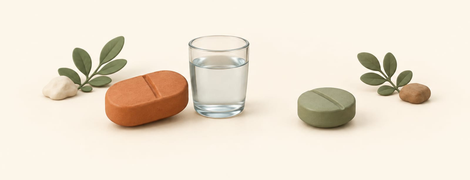 Clay still life of a large pill beside a small glass of water and a second pill with no glass, comparing GLP-1 pill routines.