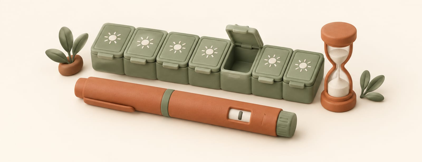 Isometric clay scene of an injection pen, a weekly pill organizer with one empty slot, and an hourglass.