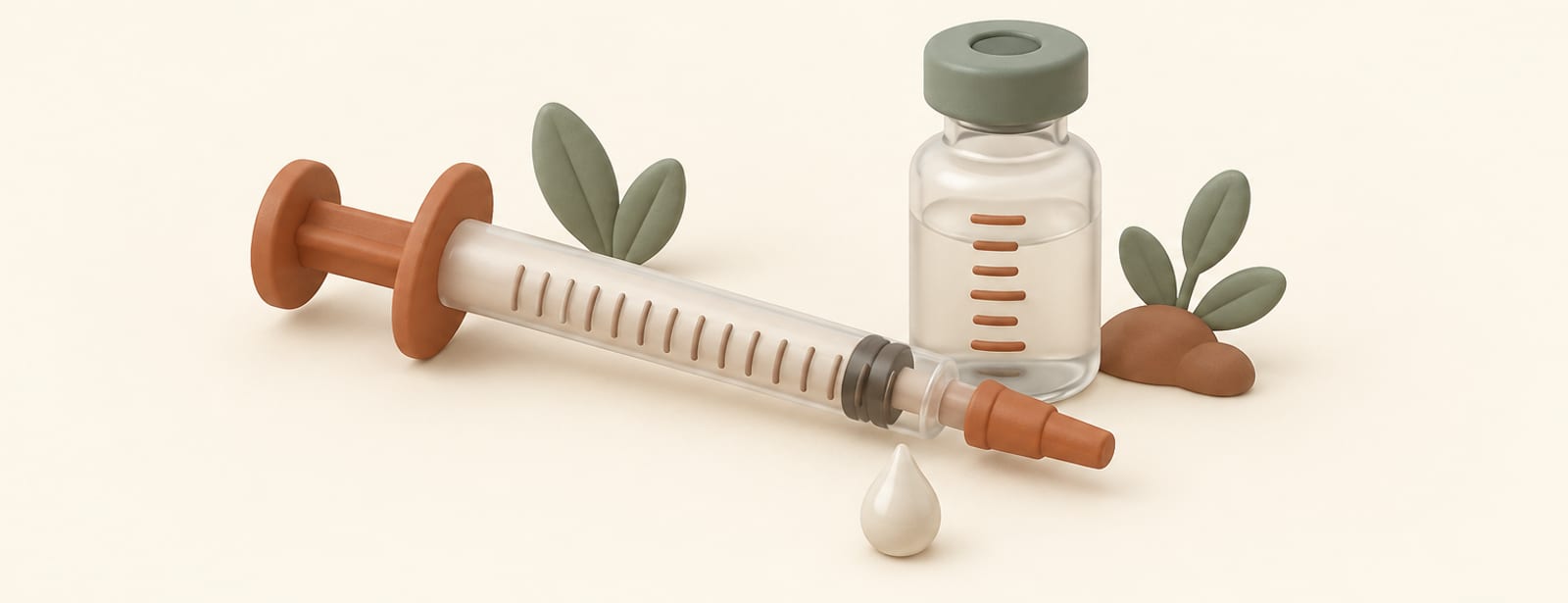 Isometric clay still life of an insulin syringe with unit markings next to a graduated medication vial and a droplet shape.