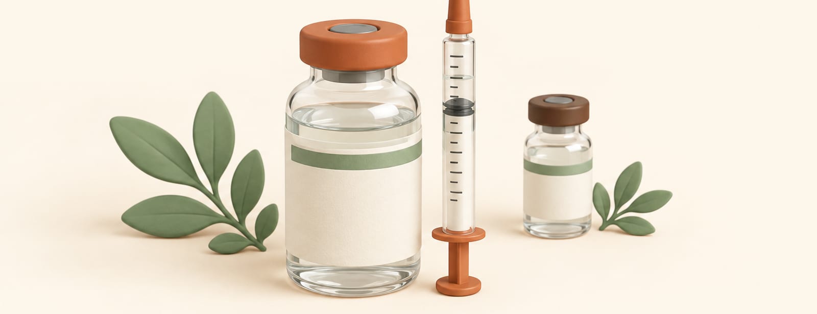 Clay-style still life of a medication vial and a syringe marked at a fill line, with a second vial nearby.