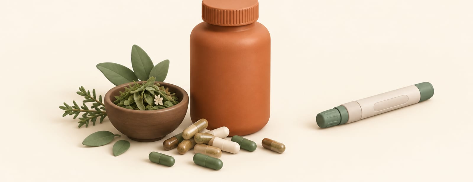 Clay still life of a pill bottle, supplement capsules, and herbal leaves beside a small injection pen, representing weight-loss alternatives.
