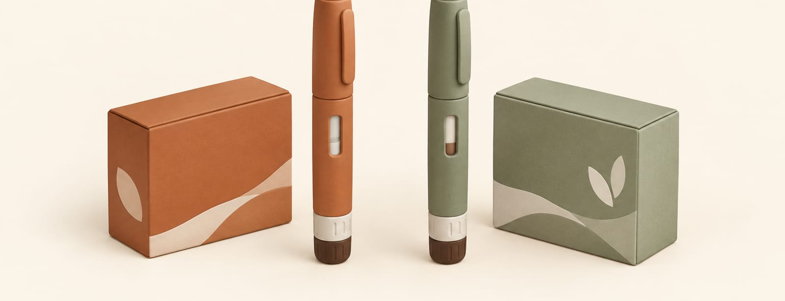 Two different colored injection pens each beside their own box, representing two drug makers