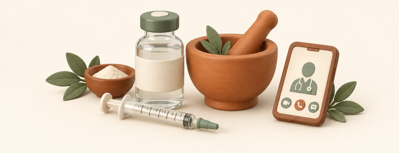 Clay-style still life of a glass vial, syringe, mortar and pestle, and a tablet shape representing compounded GLP-1 and telehealth.