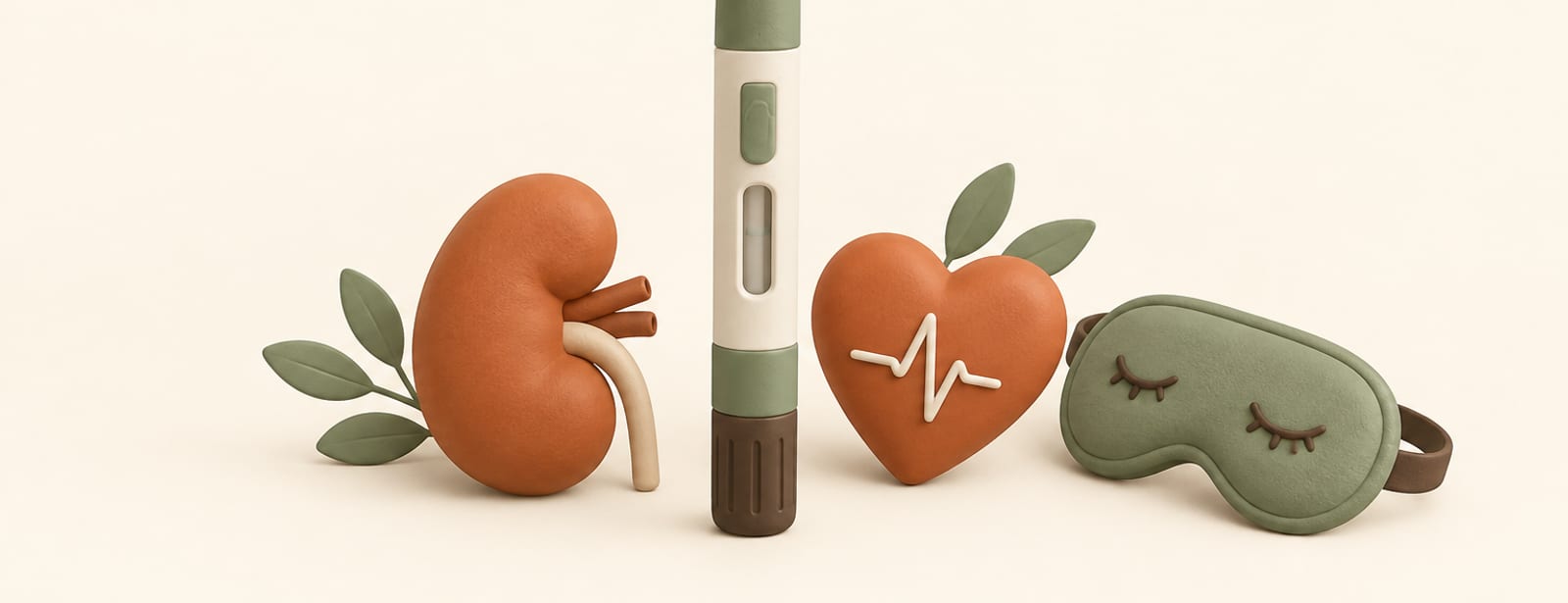Isometric clay scene of an injection pen surrounded by a kidney shape, a heart shape, and a sleep mask.