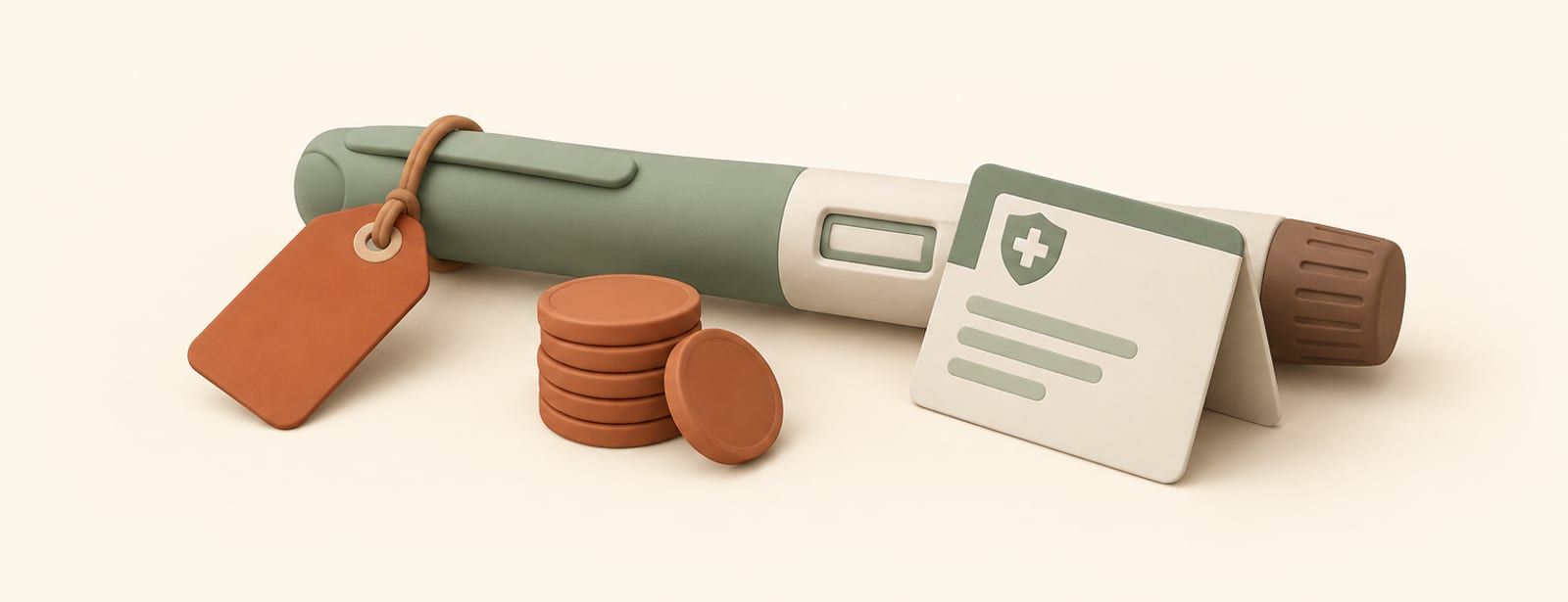 Clay-style illustration of an injection pen with a price tag, coins, and an insurance card, symbolizing medication cost.