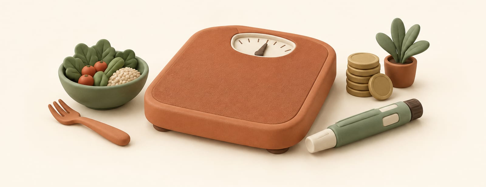 Clay still life of a bathroom scale, an injection pen, a fork and coins representing cultural change.