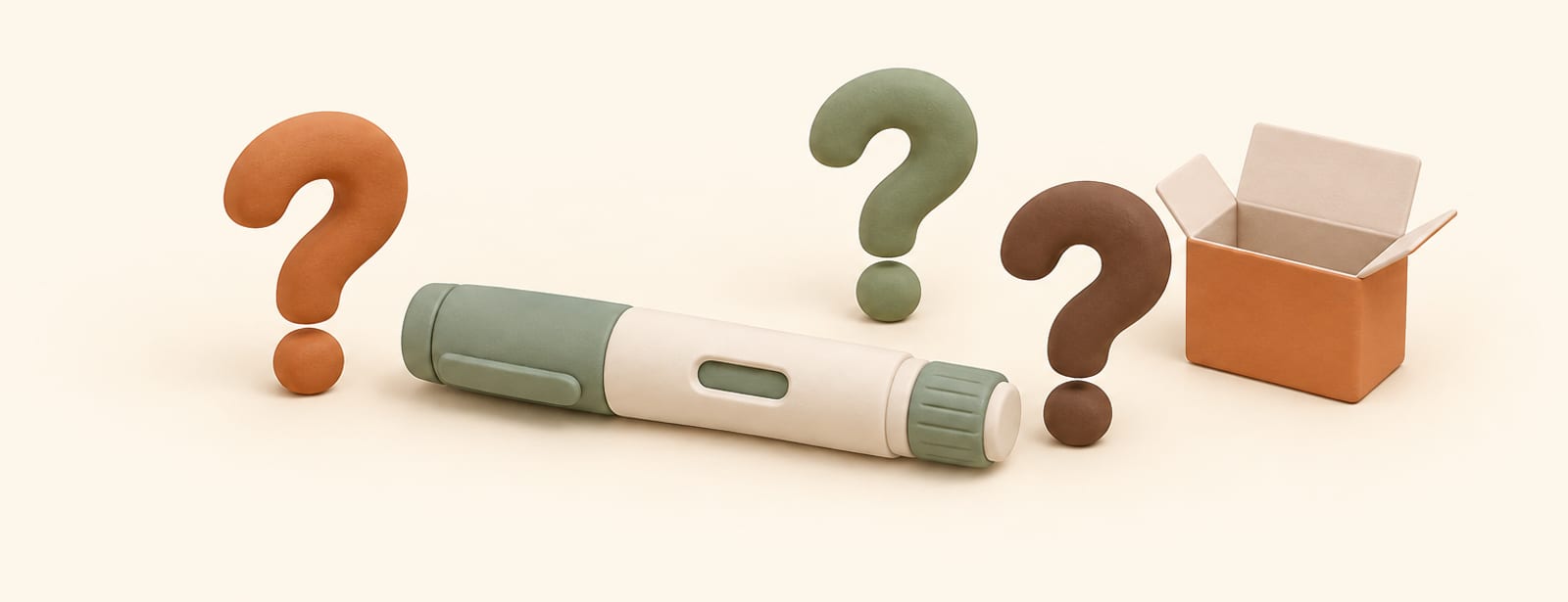 Isometric clay scene of an injection pen beside three sculpted question-mark shapes and an open box