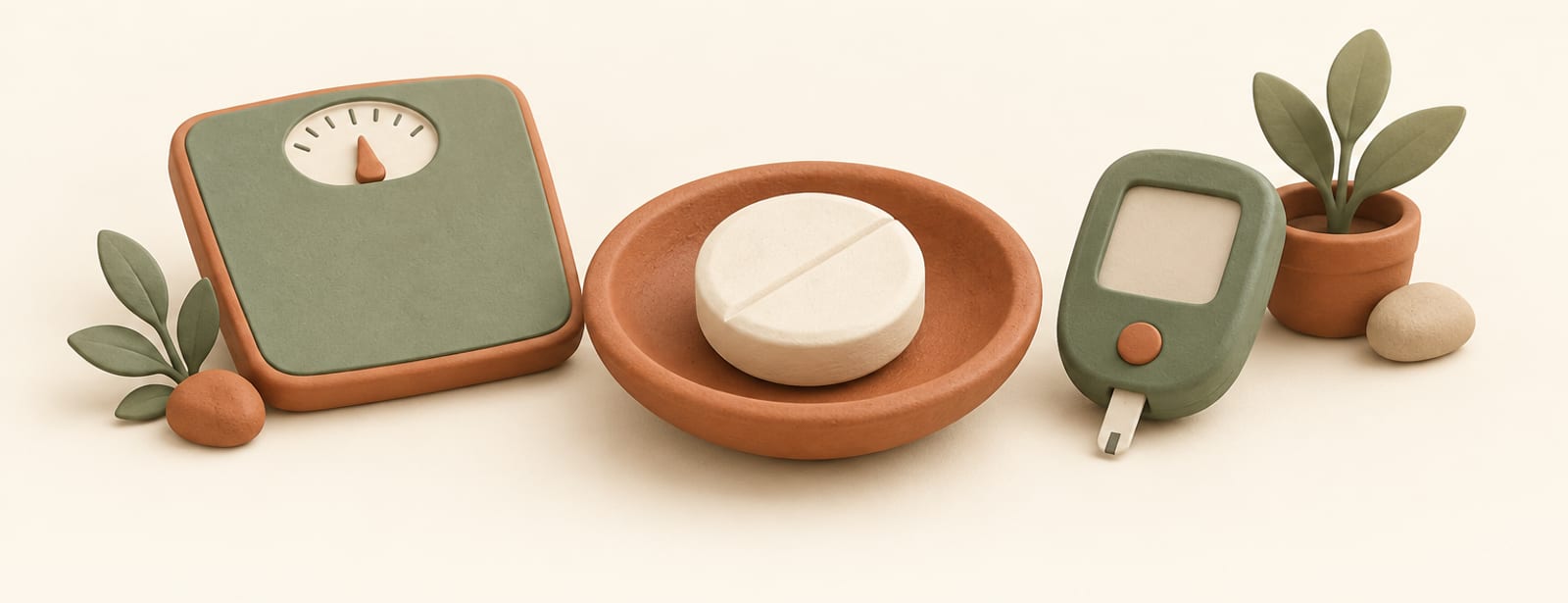 Clay still life of a large round tablet on a dish beside a bathroom scale and a glucose meter.