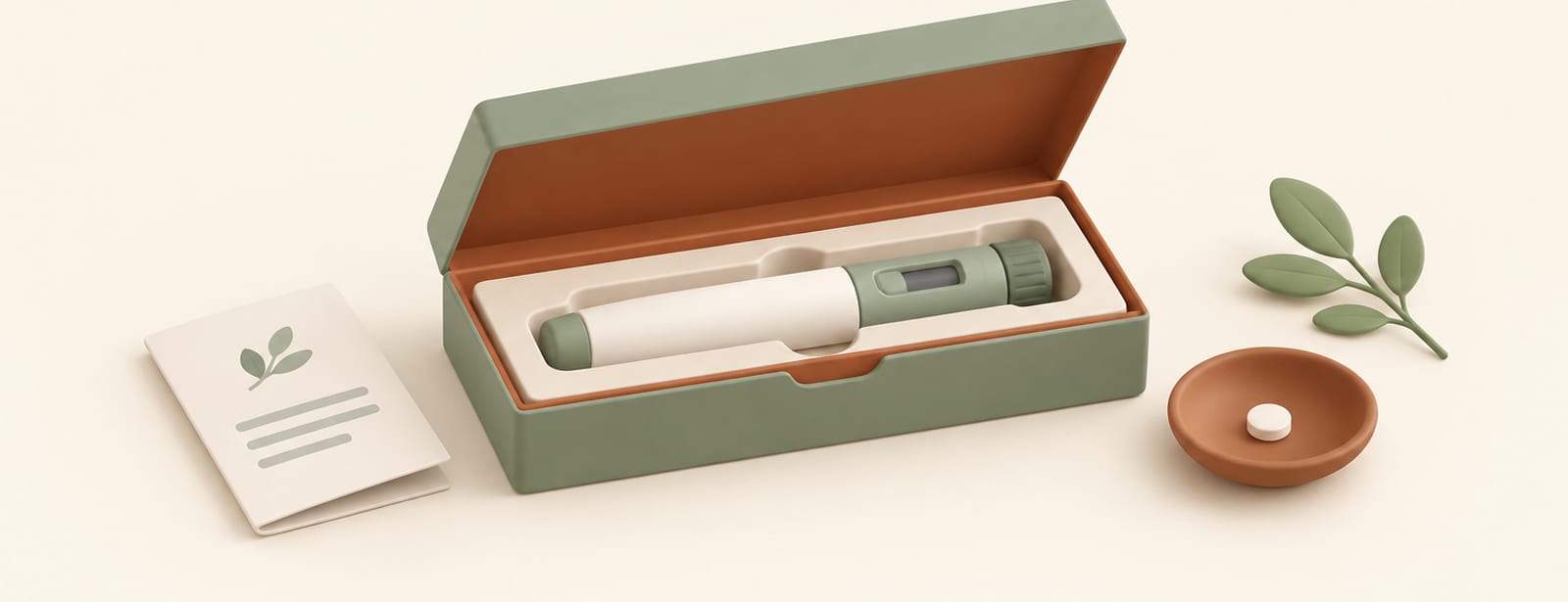 Clay-style illustration of an injection pen box with lid lifted, a folded info sheet, and a tablet on a dish.
