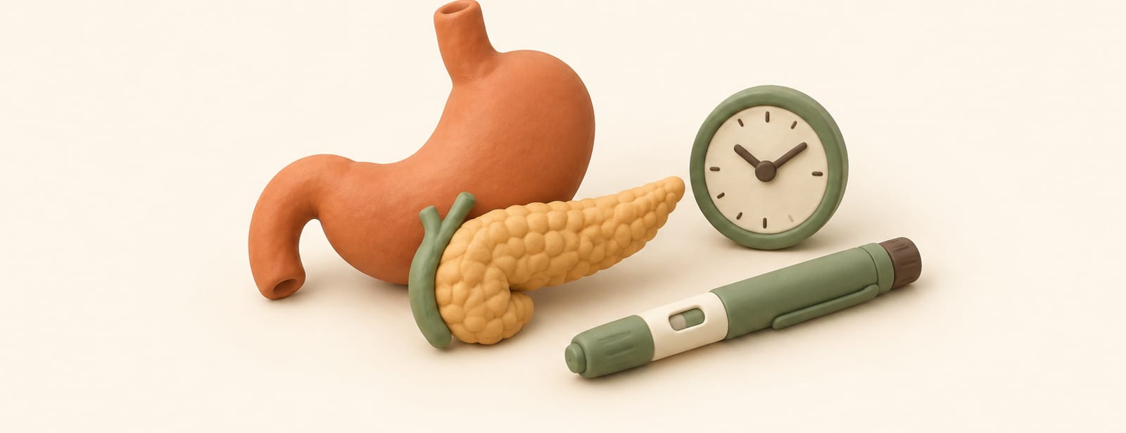 Clay-style stomach and pancreas shapes beside a clock and an injection pen on a cream surface.