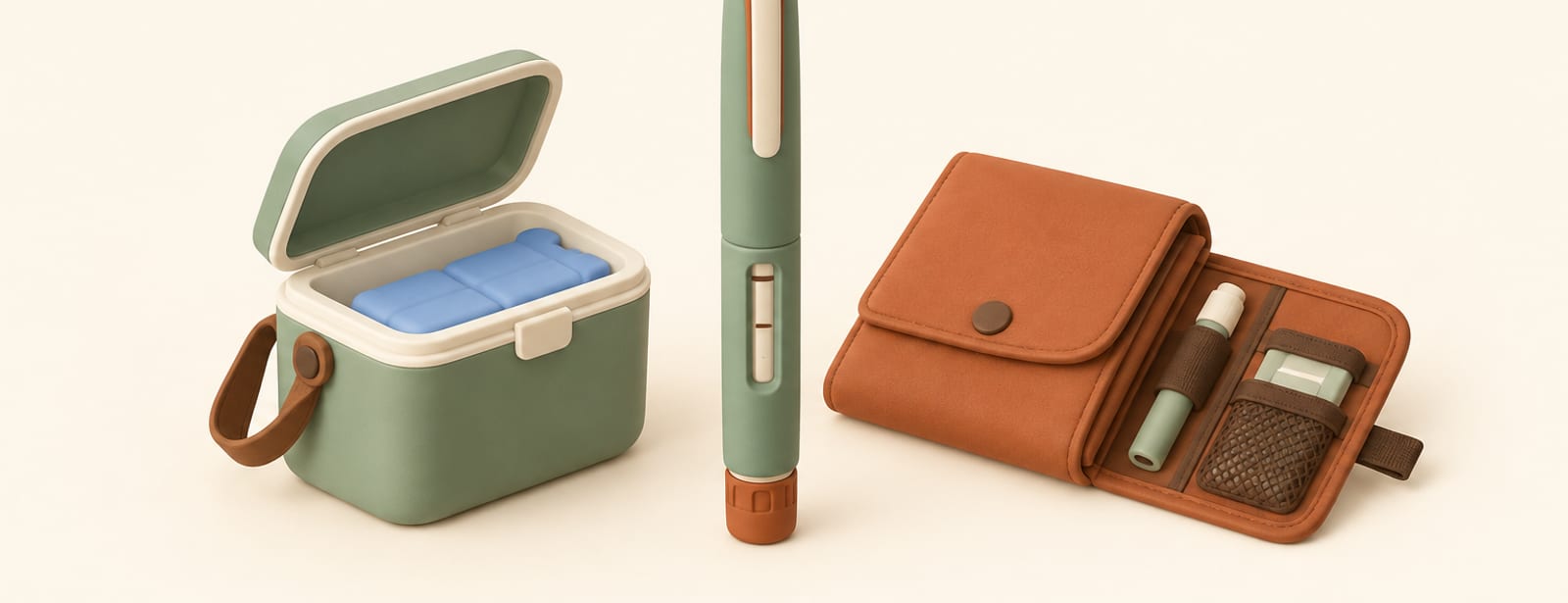 Clay-style illustration of an injection pen, an open cooling storage box, and a travel pouch on a cream surface.