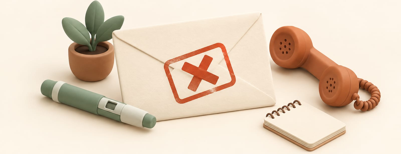 Isometric clay still life of an envelope with a rejection stamp, an injection pen, and a phone, in cream, terracotta and sage tones.