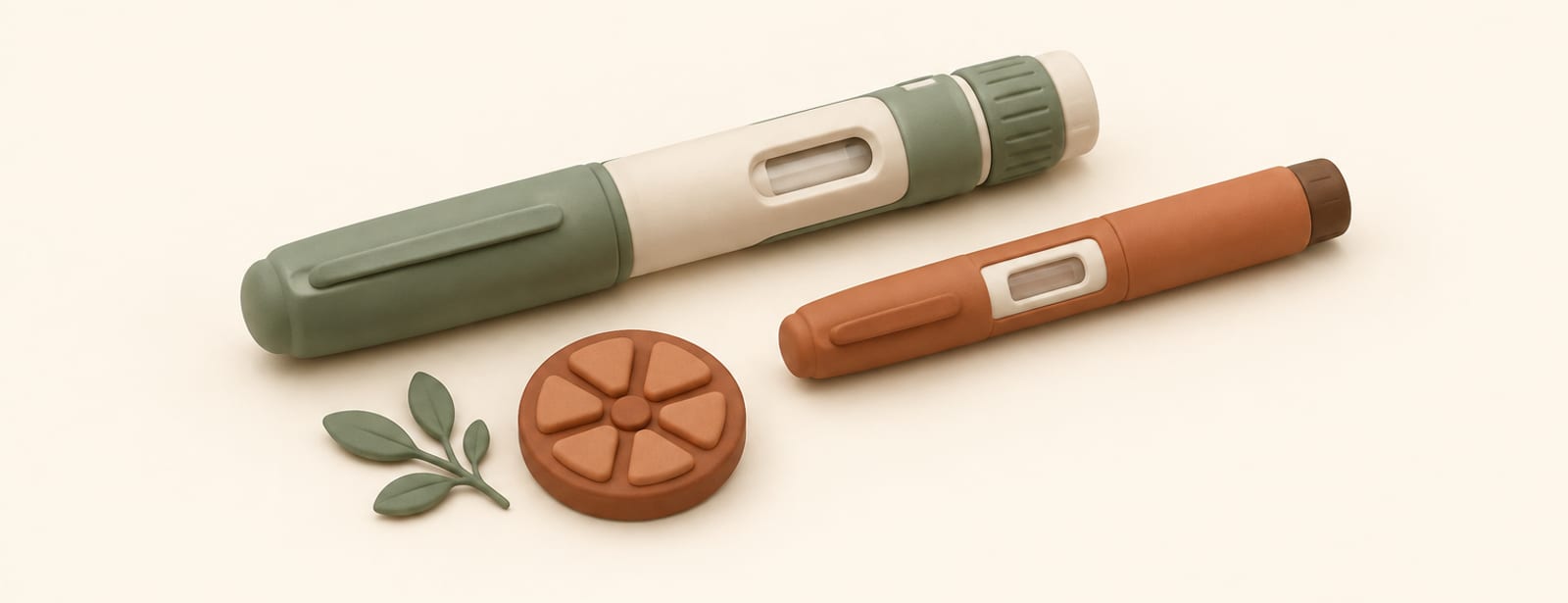 Two clay injection pens beside a small daily dosing disc, representing daily liraglutide medications.