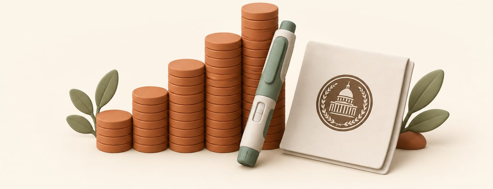 Clay still life of coin stacks shaped like a rising chart, an injection pen, and a stamped document.