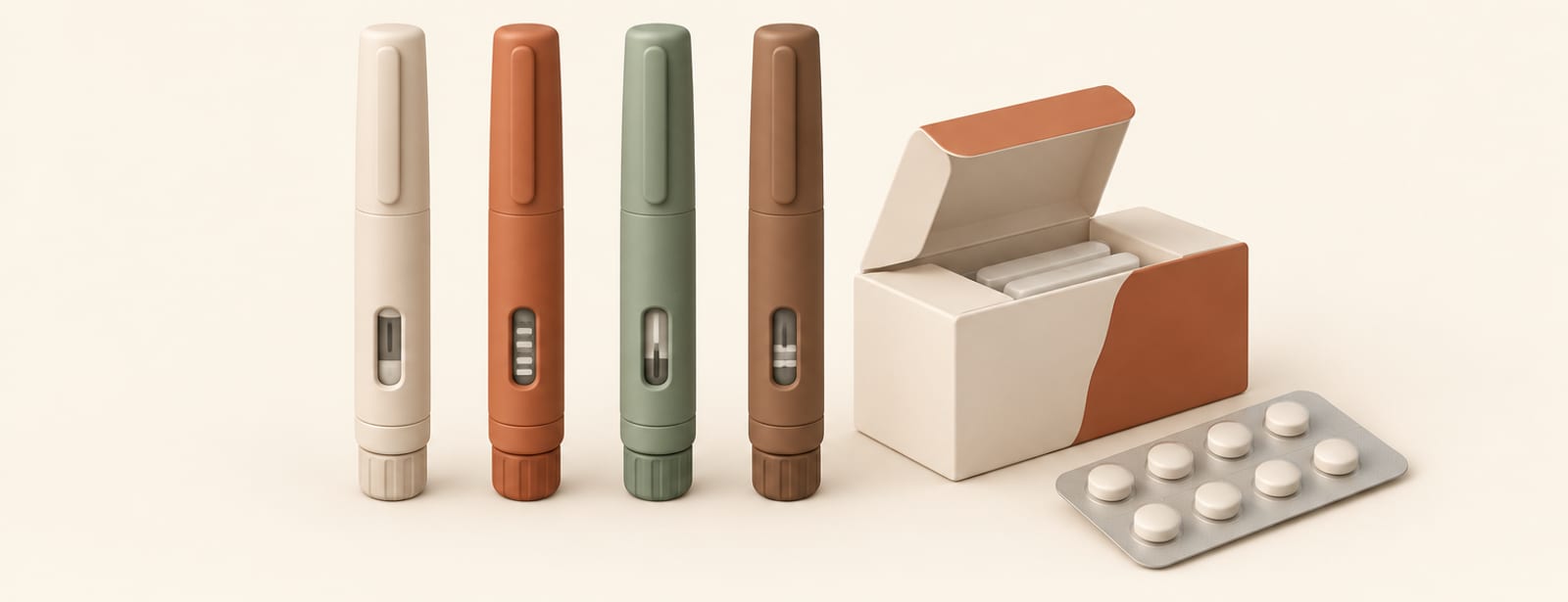 Four different injection pens beside an open medication box and a blister pack of pills.