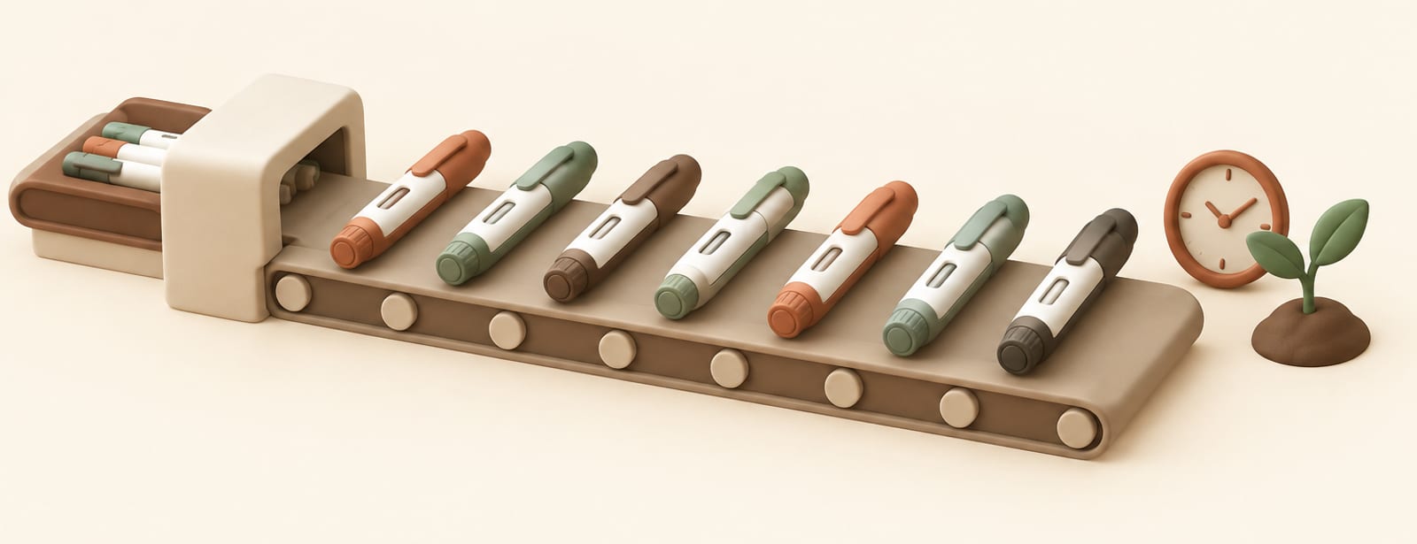 Isometric clay scene of several generic injection pens lined up with a seedling and clock, symbolizing upcoming drugs in development.