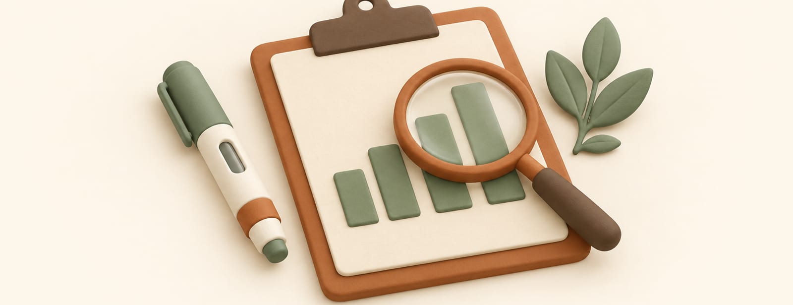 Clay-style illustration of a document with bar-chart shapes, a magnifying glass, and an injection pen.