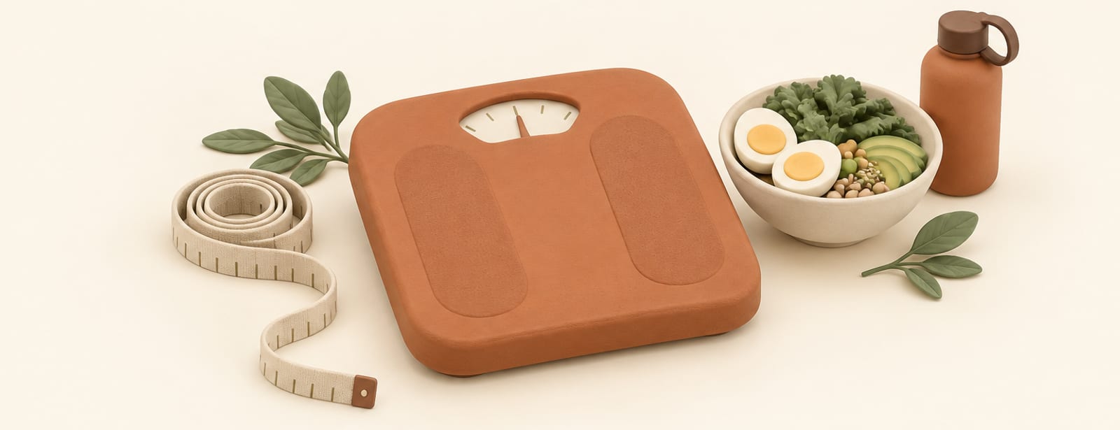 Isometric clay still life of a bathroom scale, a coiled tape measure, and a bowl of eggs and greens in cream, terracotta and sage tones.