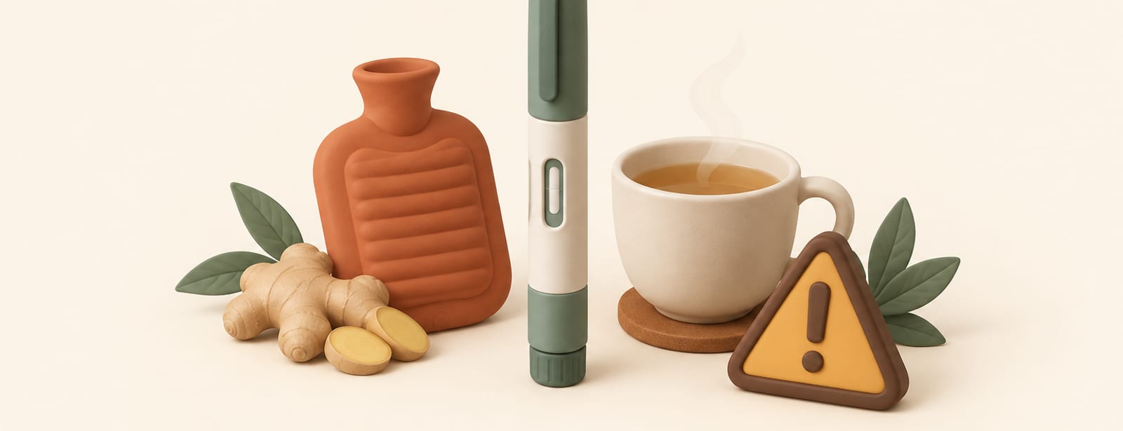 Clay-style still life of an injection pen with a hot-water bottle, ginger tea cup, and a caution triangle.