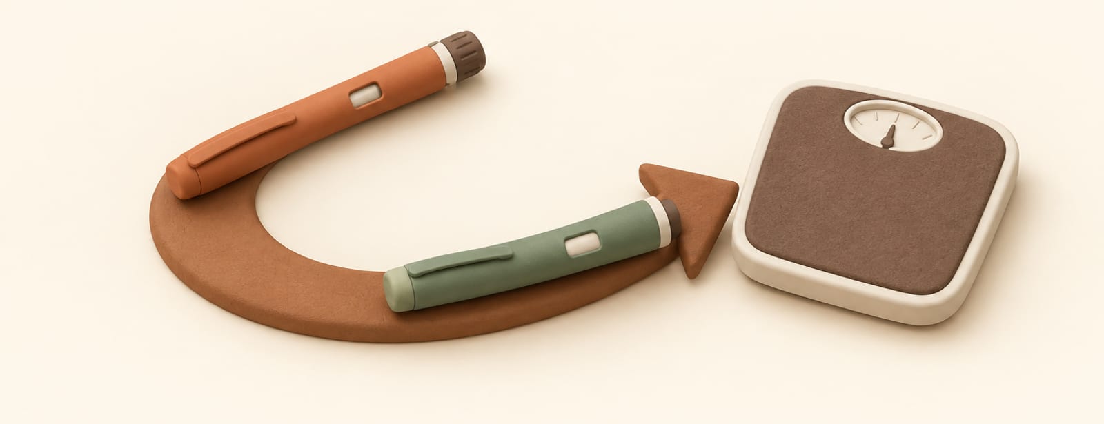 Isometric clay scene of two injection pens on a curved arrow shape beside a small bathroom scale, symbolizing stopping and switching medications.