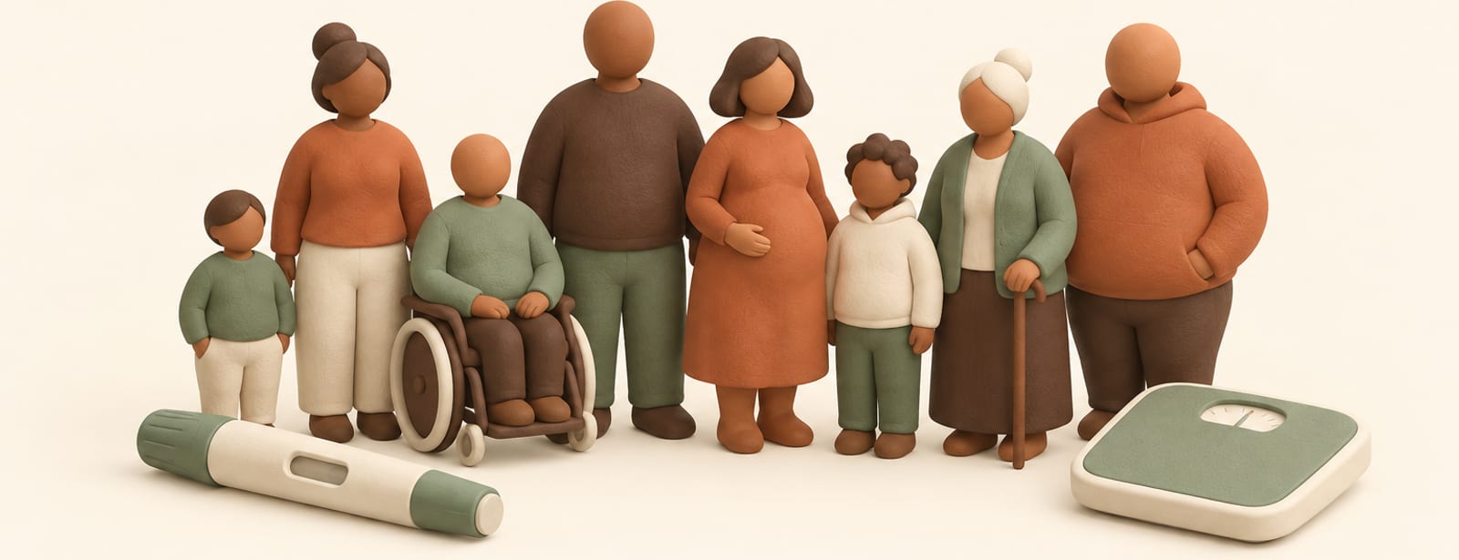 Clay still life of varied-sized figure silhouettes beside an injection pen and a small scale, representing different patient groups.