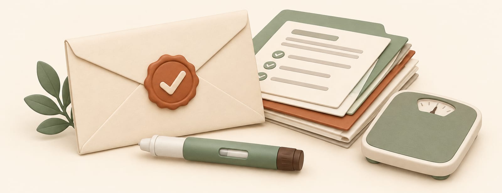 Clay still life of an approval-stamped envelope, documents, a weekly injection pen and a small scale.