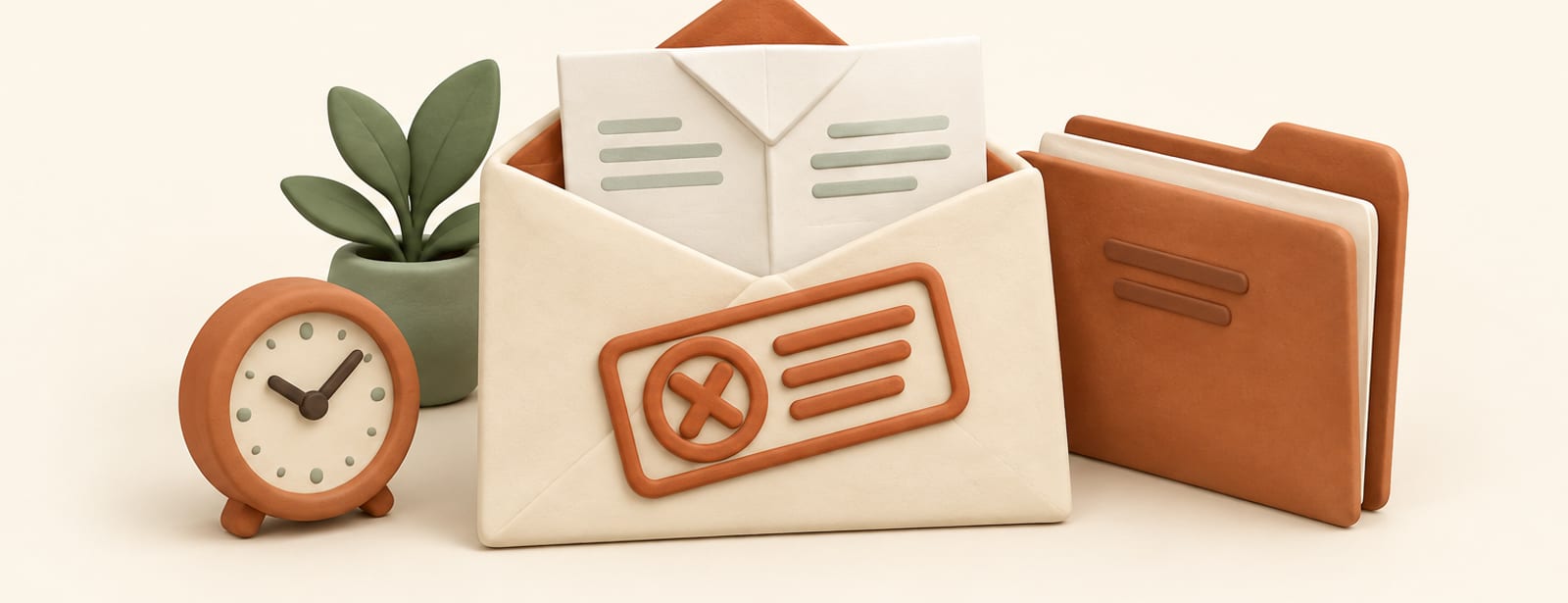 Isometric clay scene of a denial envelope with a rejection stamp, a forked document, a clock, and a folder.