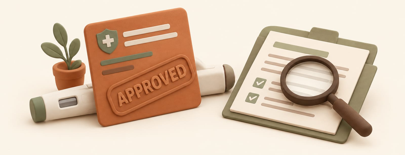 Clay still life of an insurance card with an approval stamp, an injection pen, and an open document folder with magnifying glass.