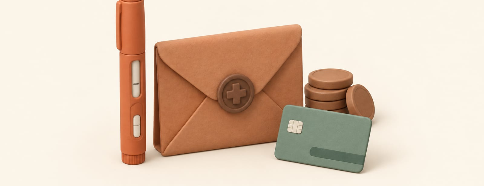 Clay-style still life of an injection pen, a sealed letter, coins and a payment card representing HSA/FSA use for GLP-1 drugs.