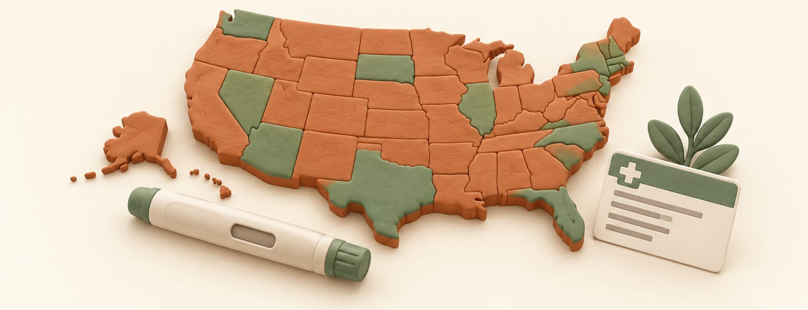 Clay United States map with patchwork state shading, an injection pen and an insurance card beside it.