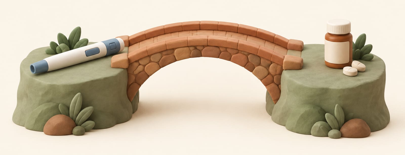Clay stone bridge connecting two ledges, with an injection pen on one side and a pill bottle on the other