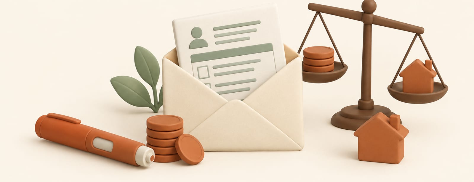 Isometric clay still life of an assistance application envelope, an injection pen, coins and a balance scale.