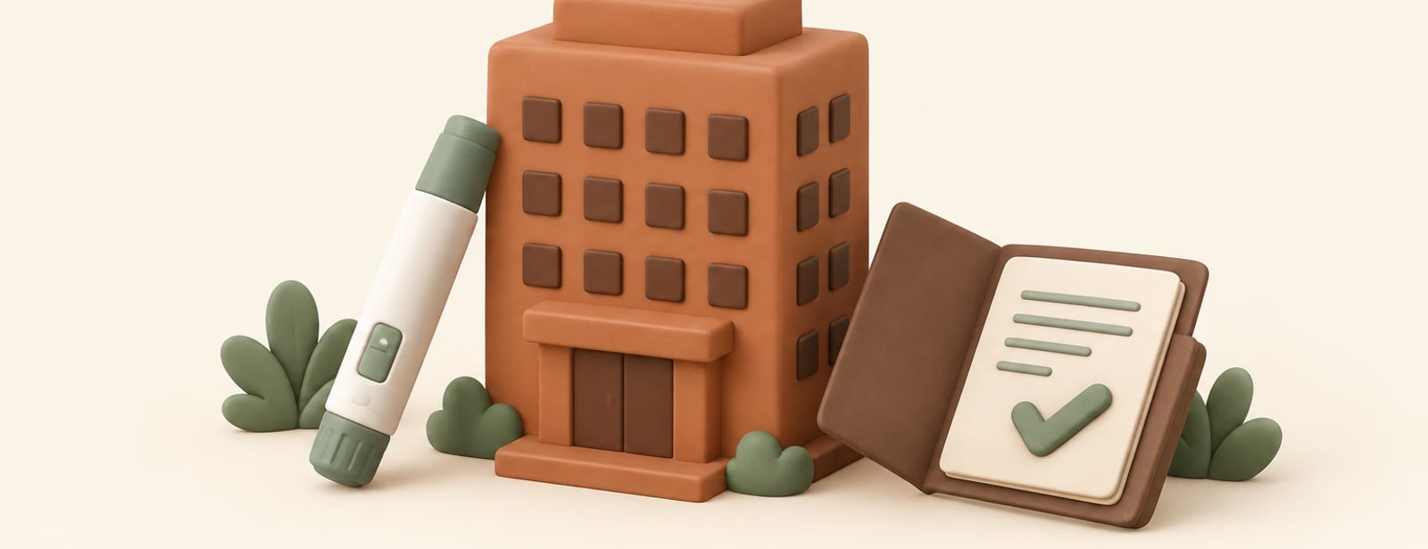 Clay office building beside a generic injection pen and an open folder with a checkmark, in cream, terracotta and sage tones.