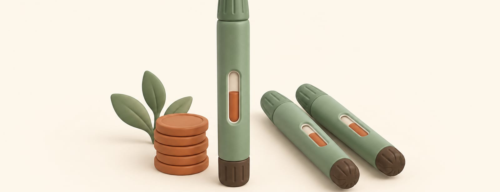 Clay-style injection pens of varying makers beside coins, representing low-cost generic liraglutide options.