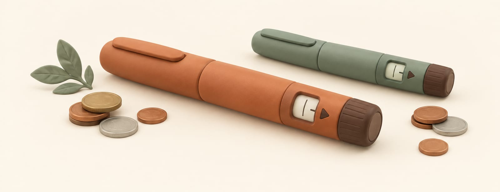 Two clay injection pens with dose dials beside scattered coins on a cream surface