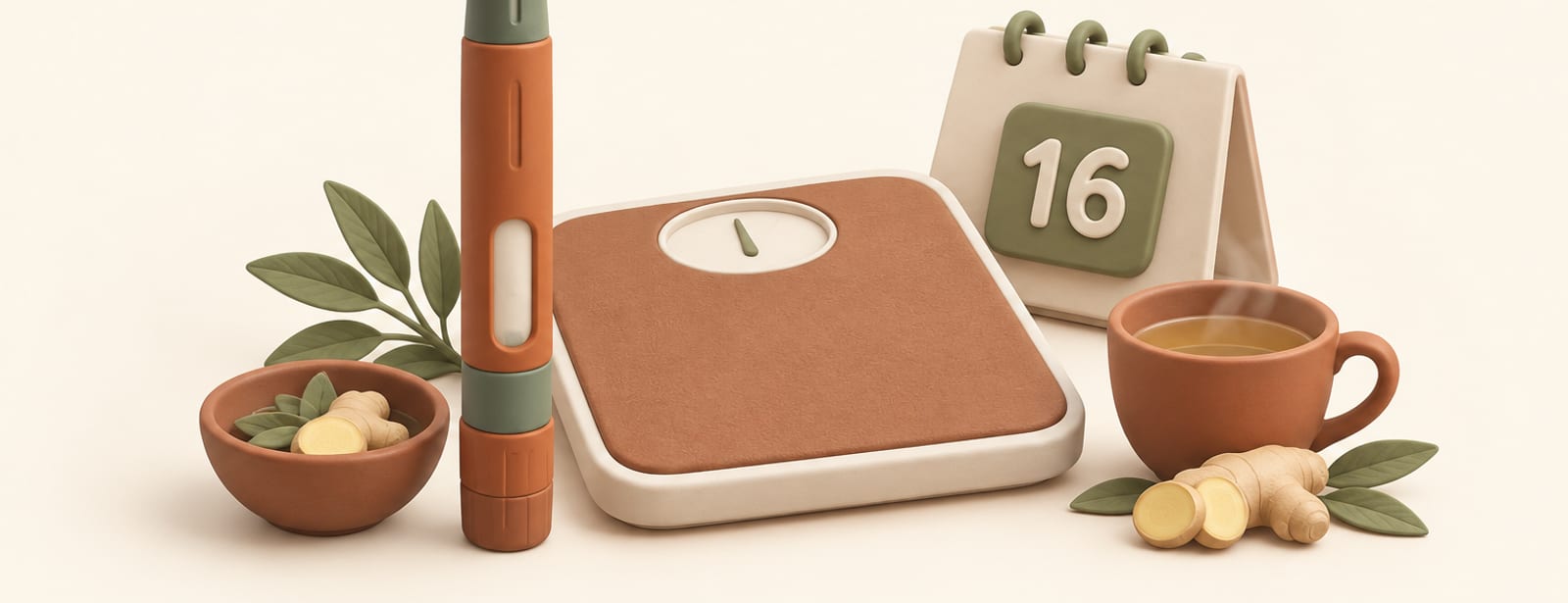 Clay-style illustration of an injection pen, a bathroom scale, tea cup and calendar block on a cream surface