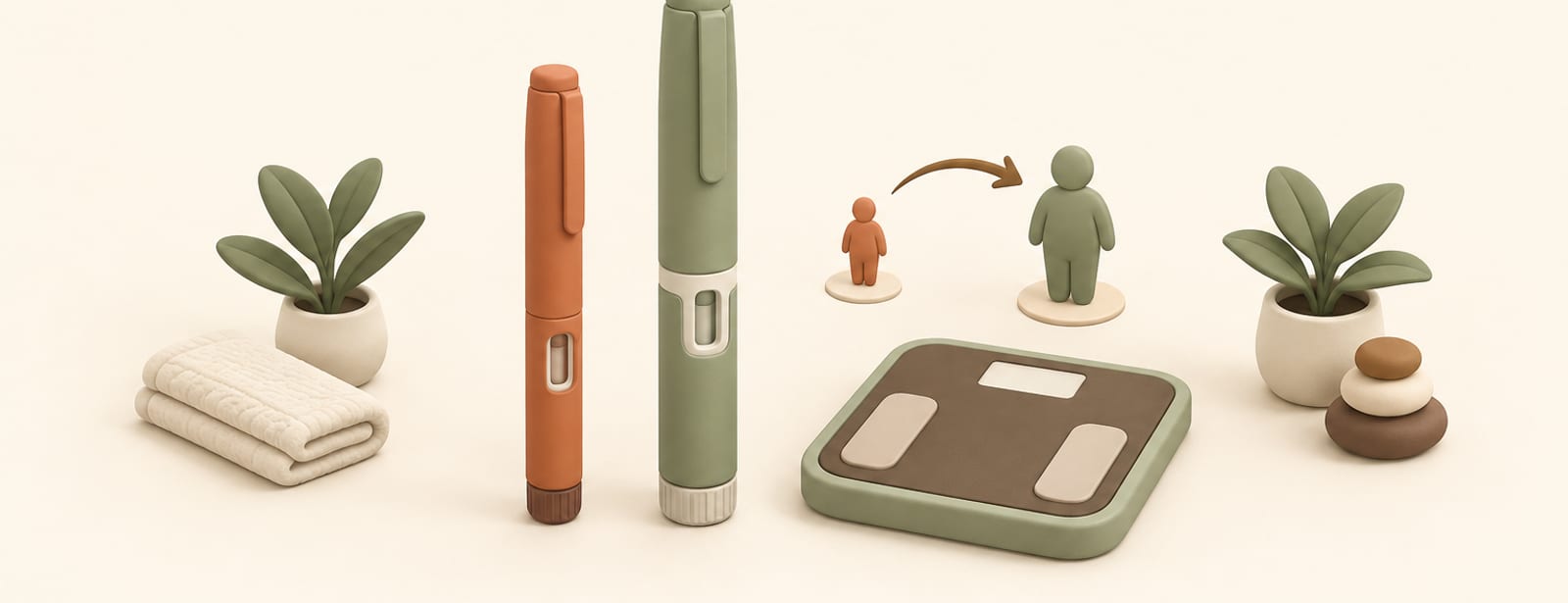 Two clay-style injection pens, one slim and one bold, beside a small bathroom scale, symbolizing daily versus weekly weight-loss shots