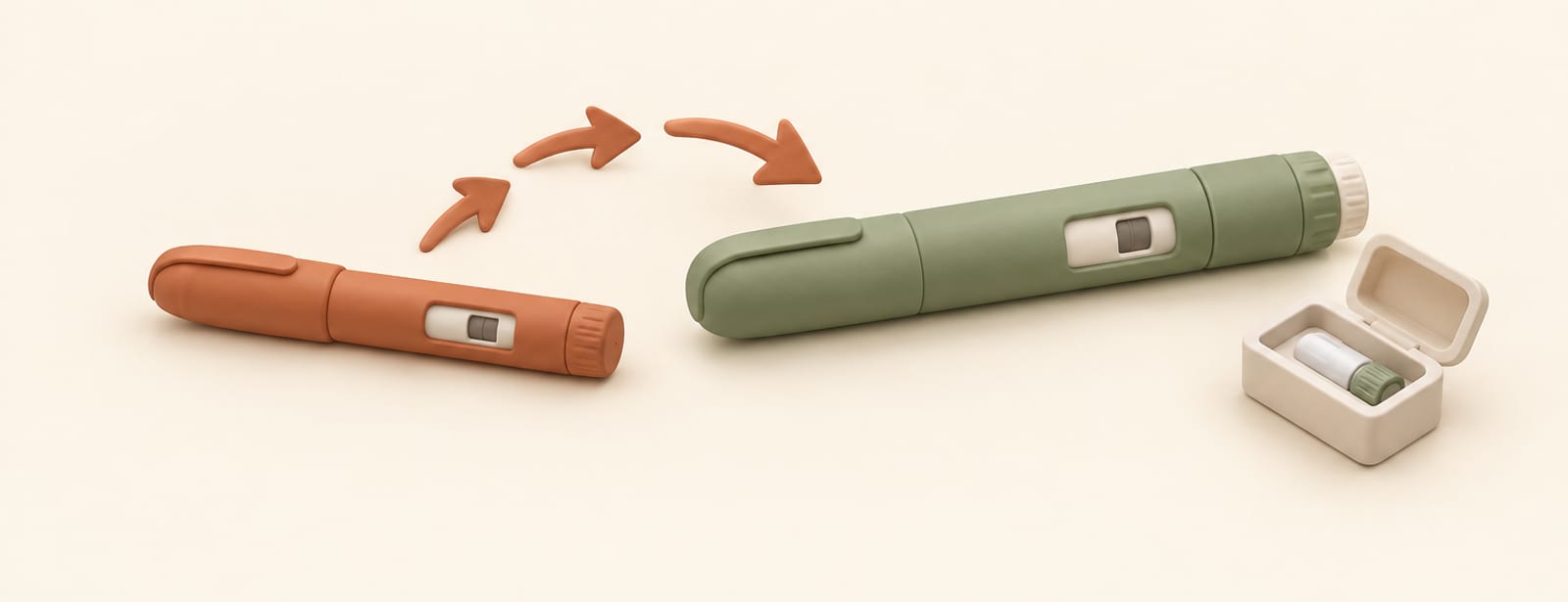 Clay still life of a small daily injection pen and a larger weekly injection pen with an arrow between them, suggesting a switch.