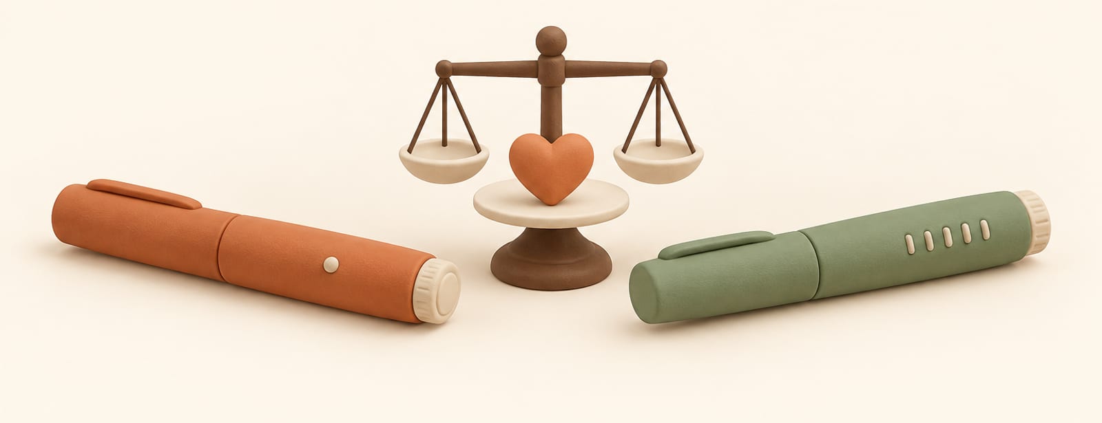 Two clay medication pens, one daily-marked and one weekly-marked, beside a small balance scale with a heart charm.