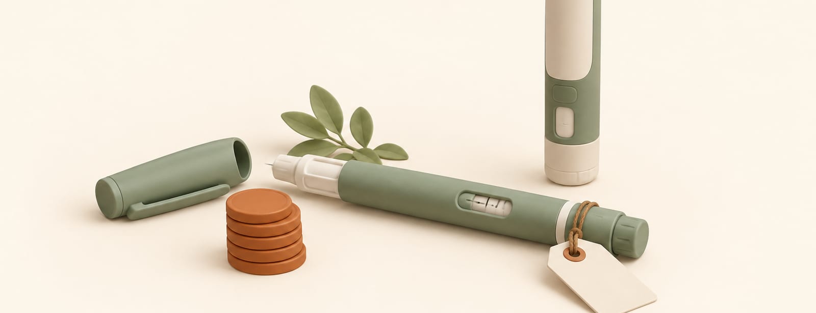 Clay-style still life of a slim daily injection pen with coins and a price tag beside a larger weekly pen