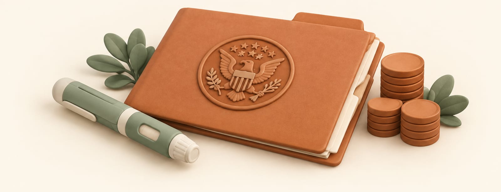 Clay-style still life of a stamped document folder, an injection pen, and a stack of coins on a cream surface.